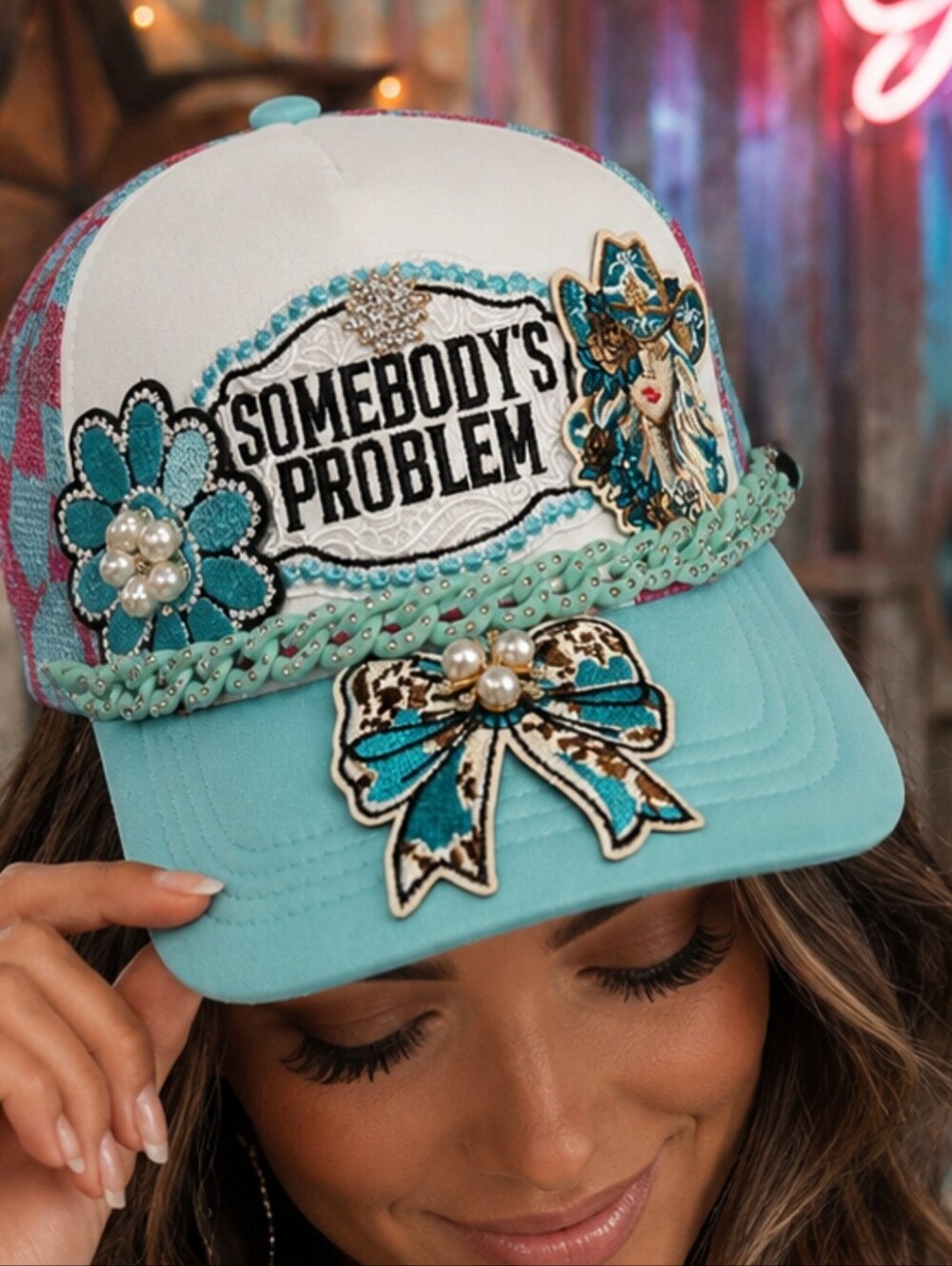 Turquoise Embellished 'Somebody's Problem' Women's Trucker Hat